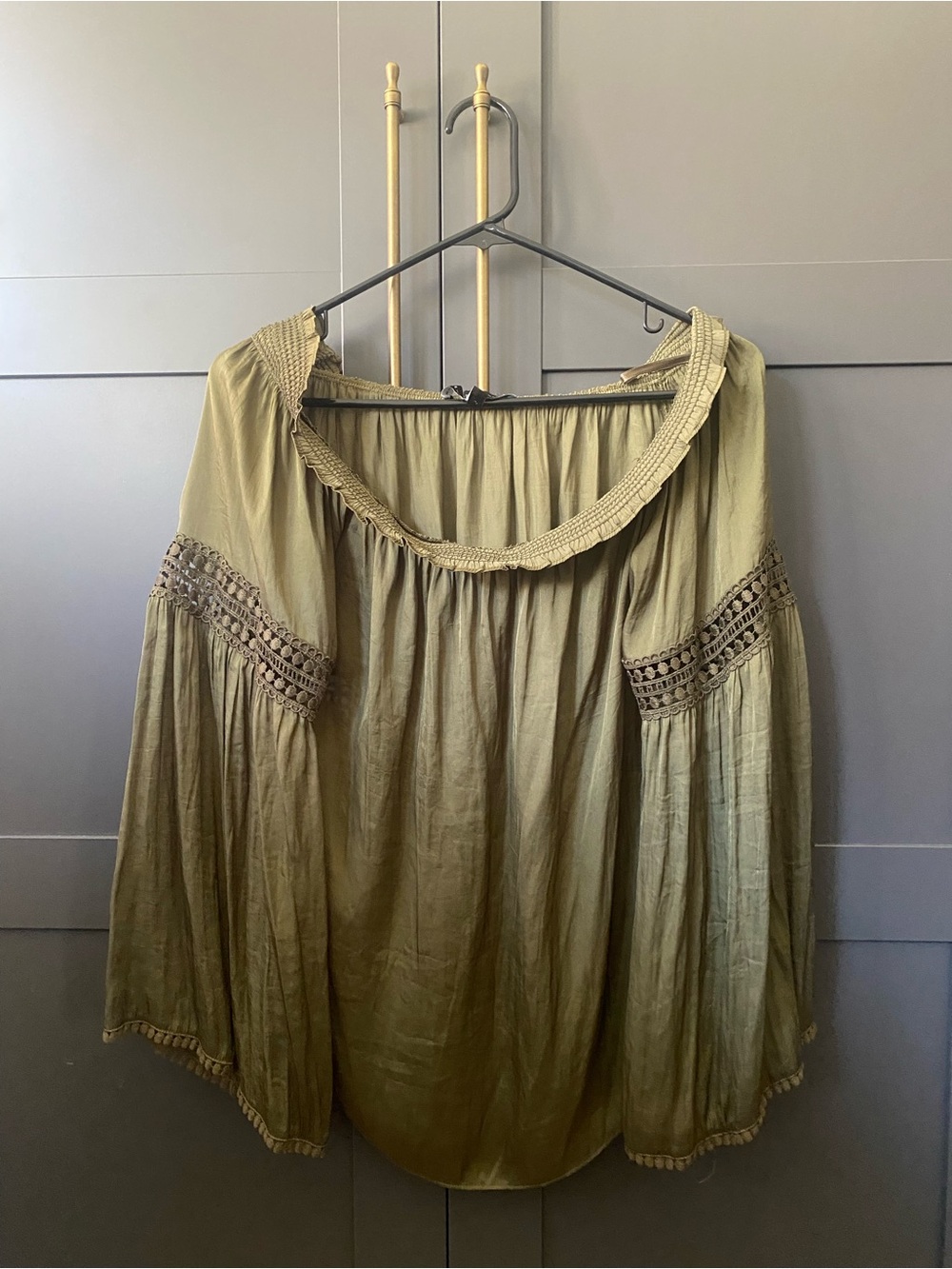Olive Green Peasant Blouse with Crochet Accents